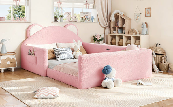 English Elm Full Kids Low Floor Bed Plush Teddy Fabric with Detachable Bear Headboard Cushion Full Antique White, Pink W5305P519074