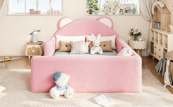 English Elm Full Kids Low Floor Bed Plush Teddy Fabric with Detachable Bear Headboard Cushion Full Antique White, Pink W5305P519074