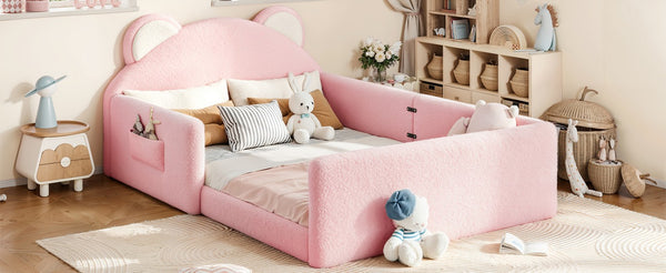 English Elm Full Kids Low Floor Bed Plush Teddy Fabric with Detachable Bear Headboard Cushion Full Antique White, Pink W5305P519074
