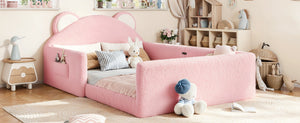 English Elm Full Kids Low Floor Bed Plush Teddy Fabric with Detachable Bear Headboard Cushion Full Antique White, Pink W5305P519074