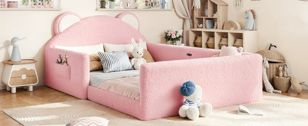 English Elm Full Kids Low Floor Bed Plush Teddy Fabric with Detachable Bear Headboard Cushion Full Antique White, Pink W5305P519074
