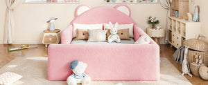 English Elm Full Kids Low Floor Bed Plush Teddy Fabric with Detachable Bear Headboard Cushion Full Antique White, Pink W5305P519074