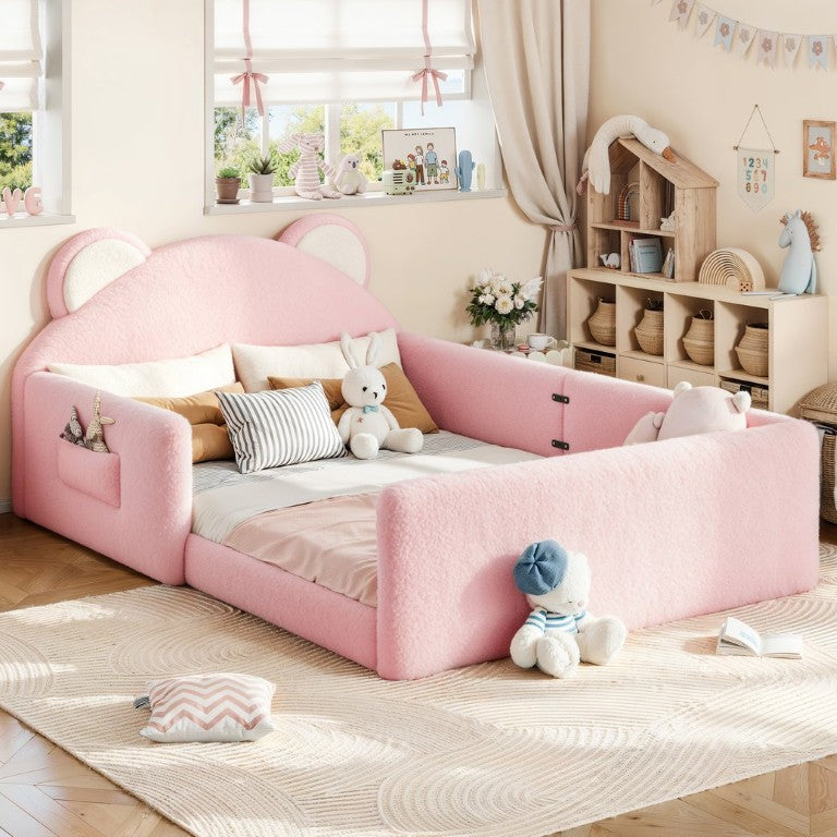 English Elm Full Kids Low Floor Bed Plush Teddy Fabric with Detachable Bear Headboard Cushion Full Antique White, Pink W5305P519074