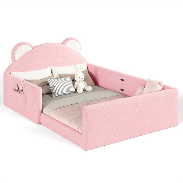 English Elm Full Kids Low Floor Bed Plush Teddy Fabric with Detachable Bear Headboard Cushion Full Antique White, Pink W5305P519074