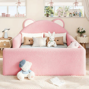 English Elm Full Kids Low Floor Bed Plush Teddy Fabric with Detachable Bear Headboard Cushion Full Antique White, Pink W5305P519074
