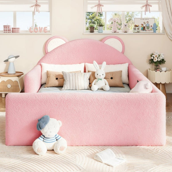 English Elm Full Kids Low Floor Bed Plush Teddy Fabric with Detachable Bear Headboard Cushion Full Antique White, Pink W5305P519074