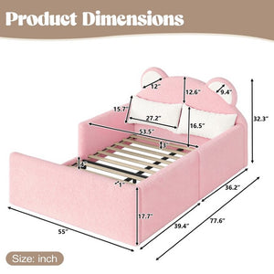 English Elm Full Kids Low Floor Bed Plush Teddy Fabric with Detachable Bear Headboard Cushion Full Antique White, Pink W5305P519074