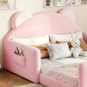 English Elm Full Kids Low Floor Bed Plush Teddy Fabric with Detachable Bear Headboard Cushion Full Antique White, Pink W5305P519074