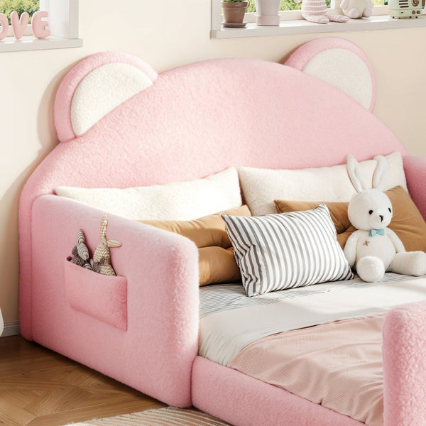 English Elm Full Kids Low Floor Bed Plush Teddy Fabric with Detachable Bear Headboard Cushion Full Antique White, Pink W5305P519074