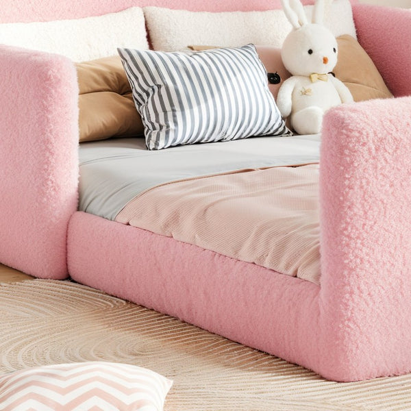 English Elm Full Kids Low Floor Bed Plush Teddy Fabric with Detachable Bear Headboard Cushion Full Antique White, Pink W5305P519074