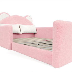 English Elm Full Kids Low Floor Bed Plush Teddy Fabric with Detachable Bear Headboard Cushion Full Antique White, Pink W5305P519074