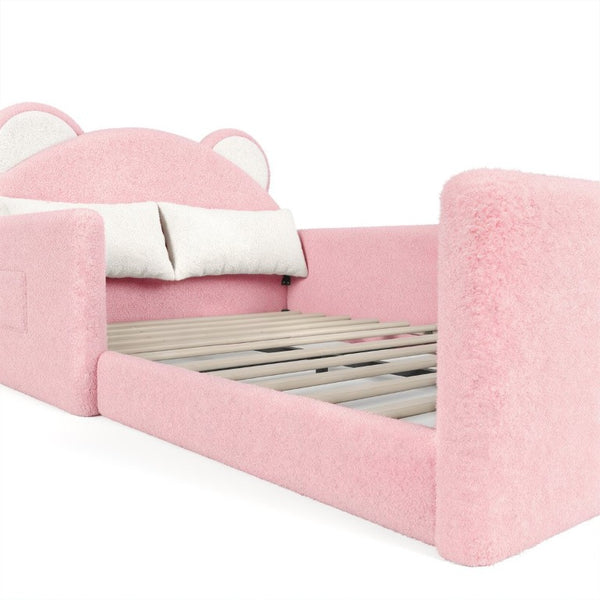 English Elm Full Kids Low Floor Bed Plush Teddy Fabric with Detachable Bear Headboard Cushion Full Antique White, Pink W5305P519074