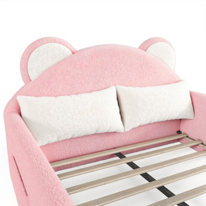 English Elm Full Kids Low Floor Bed Plush Teddy Fabric with Detachable Bear Headboard Cushion Full Antique White, Pink W5305P519074