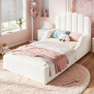 English Elm Full Kids Low Floor Bed Plush Teddy Fabric with Detachable Bear Headboard Cushion Twin Antique White W5305P519386