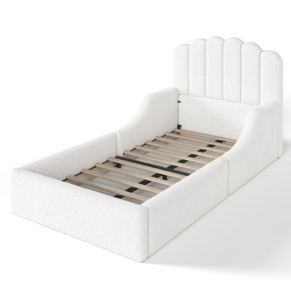 English Elm Full Kids Low Floor Bed Plush Teddy Fabric with Detachable Bear Headboard Cushion Twin Antique White W5305P519386