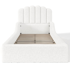 English Elm Full Kids Low Floor Bed Plush Teddy Fabric with Detachable Bear Headboard Cushion Twin Antique White W5305P519386