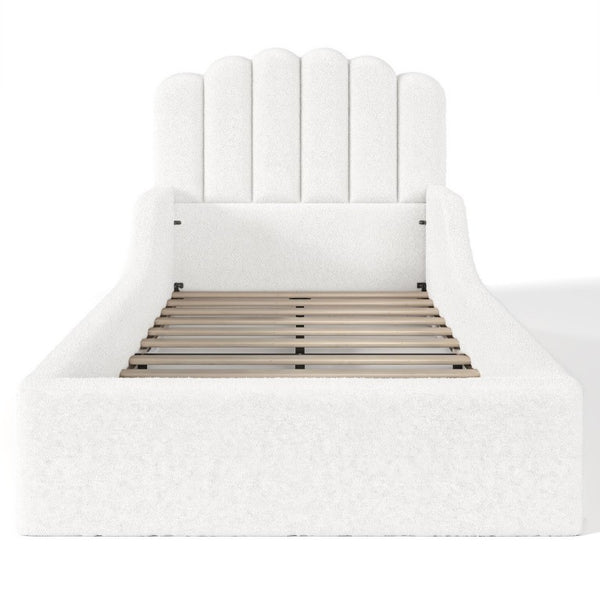 English Elm Full Kids Low Floor Bed Plush Teddy Fabric with Detachable Bear Headboard Cushion Twin Antique White W5305P519386