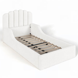English Elm Full Kids Low Floor Bed Plush Teddy Fabric with Detachable Bear Headboard Cushion Twin Antique White W5305P519386