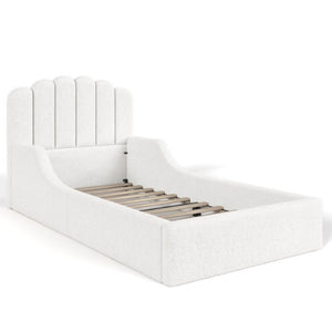 English Elm Full Kids Low Floor Bed Plush Teddy Fabric with Detachable Bear Headboard Cushion Twin Antique White W5305P519386