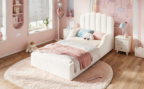 English Elm Full Kids Low Floor Bed Plush Teddy Fabric with Detachable Bear Headboard Cushion Twin Antique White W5305P519386