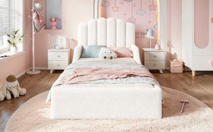 English Elm Full Kids Low Floor Bed Plush Teddy Fabric with Detachable Bear Headboard Cushion Twin Antique White W5305P519386