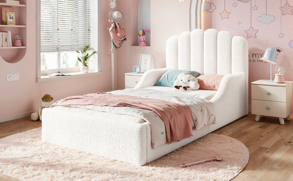 English Elm Full Kids Low Floor Bed Plush Teddy Fabric with Detachable Bear Headboard Cushion Twin Antique White W5305P519386