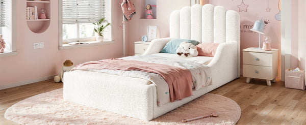 English Elm Full Kids Low Floor Bed Plush Teddy Fabric with Detachable Bear Headboard Cushion Twin Antique White W5305P519386