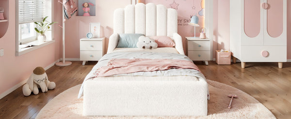 English Elm Full Kids Low Floor Bed Plush Teddy Fabric with Detachable Bear Headboard Cushion Twin Antique White W5305P519386