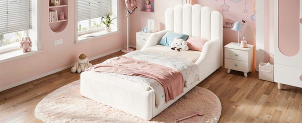 English Elm Full Kids Low Floor Bed Plush Teddy Fabric with Detachable Bear Headboard Cushion Twin Antique White W5305P519386