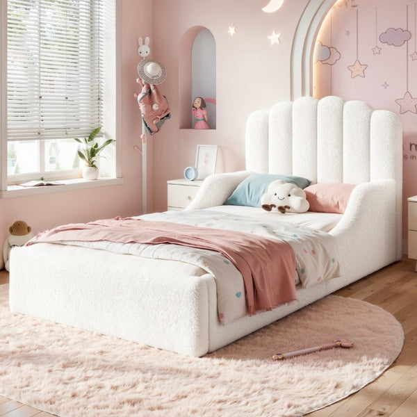 English Elm Full Kids Low Floor Bed Plush Teddy Fabric with Detachable Bear Headboard Cushion Twin Antique White W5305P519386