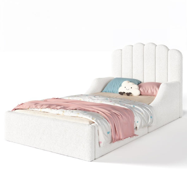 English Elm Full Kids Low Floor Bed Plush Teddy Fabric with Detachable Bear Headboard Cushion Twin Antique White W5305P519386