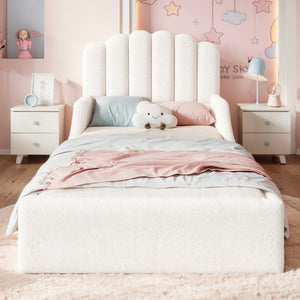 English Elm Full Kids Low Floor Bed Plush Teddy Fabric with Detachable Bear Headboard Cushion Twin Antique White W5305P519386
