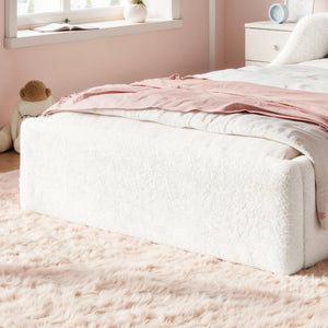 English Elm Full Kids Low Floor Bed Plush Teddy Fabric with Detachable Bear Headboard Cushion Twin Antique White W5305P519386