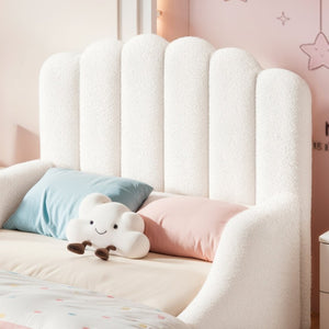 English Elm Full Kids Low Floor Bed Plush Teddy Fabric with Detachable Bear Headboard Cushion Twin Antique White W5305P519386