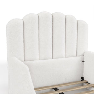 English Elm Full Kids Low Floor Bed Plush Teddy Fabric with Detachable Bear Headboard Cushion Twin Antique White W5305P519386