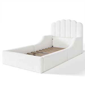 English Elm Full Kids Low Floor Bed Plush Teddy Fabric with Detachable Bear Headboard Cushion Twin Antique White W5305P519386