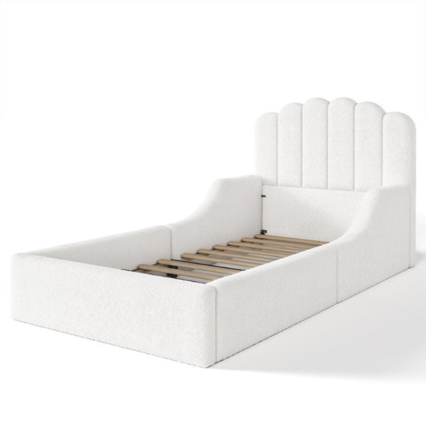 English Elm Full Kids Low Floor Bed Plush Teddy Fabric with Detachable Bear Headboard Cushion Twin Antique White W5305P519386