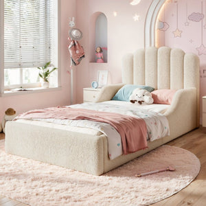 English Elm Twin Teddy Plush Low Profile Kids Bed Scalloped Headboard Padded Floor Frame Twin Beige W5305P519387