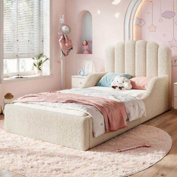 English Elm Twin Teddy Plush Low Profile Kids Bed Scalloped Headboard Padded Floor Frame Twin Beige W5305P519387