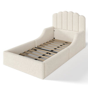 English Elm Twin Teddy Plush Low Profile Kids Bed Scalloped Headboard Padded Floor Frame Twin Beige W5305P519387