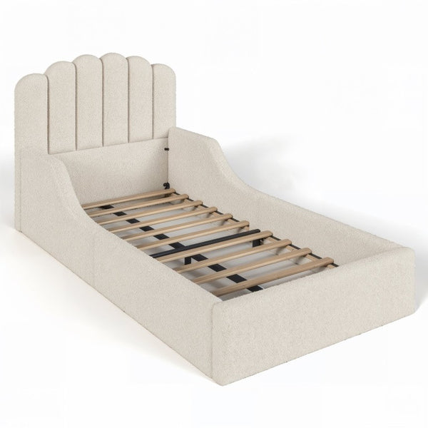 English Elm Twin Teddy Plush Low Profile Kids Bed Scalloped Headboard Padded Floor Frame Twin Beige W5305P519387