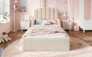 English Elm Twin Teddy Plush Low Profile Kids Bed Scalloped Headboard Padded Floor Frame Twin Beige W5305P519387