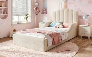 English Elm Twin Teddy Plush Low Profile Kids Bed Scalloped Headboard Padded Floor Frame Twin Beige W5305P519387