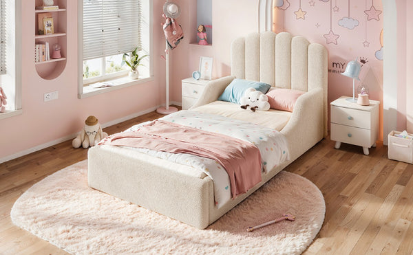 English Elm Twin Teddy Plush Low Profile Kids Bed Scalloped Headboard Padded Floor Frame Twin Beige W5305P519387