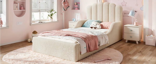 English Elm Twin Teddy Plush Low Profile Kids Bed Scalloped Headboard Padded Floor Frame Twin Beige W5305P519387