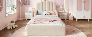 English Elm Twin Teddy Plush Low Profile Kids Bed Scalloped Headboard Padded Floor Frame Twin Beige W5305P519387