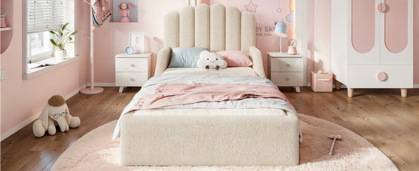 English Elm Twin Teddy Plush Low Profile Kids Bed Scalloped Headboard Padded Floor Frame Twin Beige W5305P519387