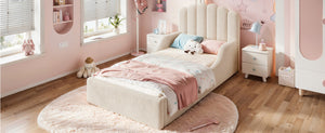 English Elm Twin Teddy Plush Low Profile Kids Bed Scalloped Headboard Padded Floor Frame Twin Beige W5305P519387