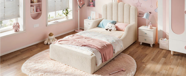 English Elm Twin Teddy Plush Low Profile Kids Bed Scalloped Headboard Padded Floor Frame Twin Beige W5305P519387