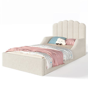 English Elm Twin Teddy Plush Low Profile Kids Bed Scalloped Headboard Padded Floor Frame Twin Beige W5305P519387